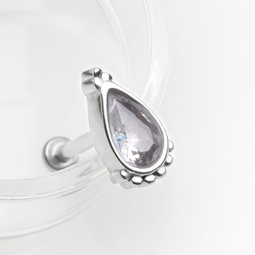 Detail View 1 of Bali Mandala Teardrop Sparkle Internally Threaded Steel Micro Labret-Clear Gem